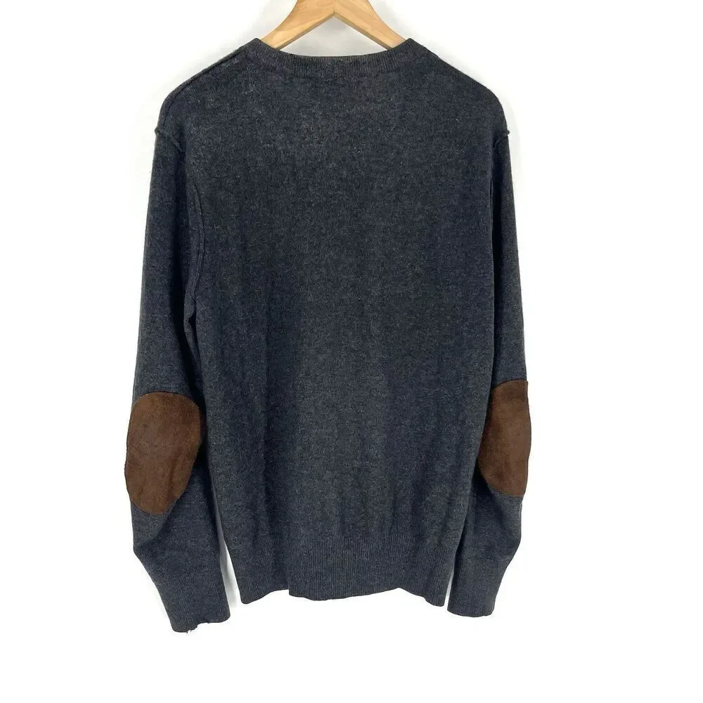 Vince Cashmere Sweater Size Medium Mens Gray Raglan Pullover Elbow Patch V Neck